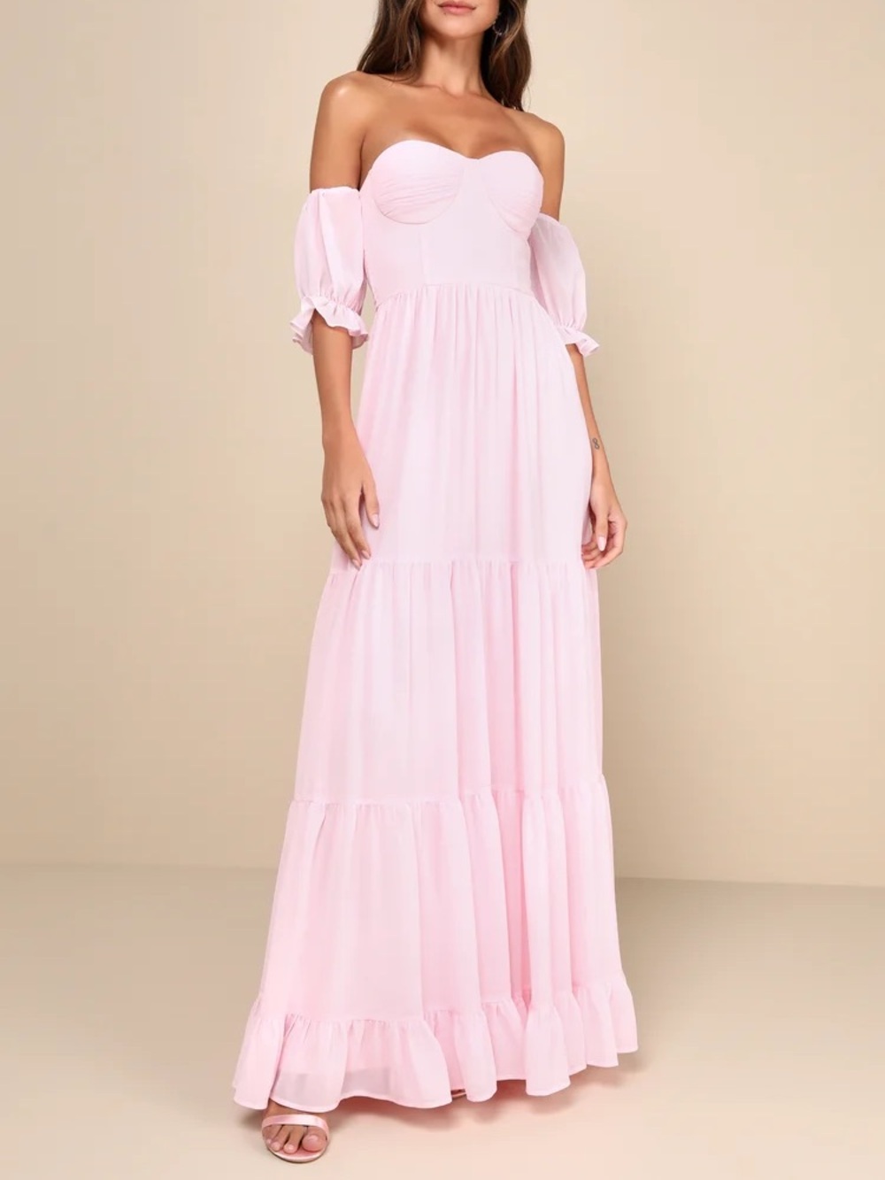 Lulus Exceptionally Gorgeous Blush Chiffon Off-the-Shoulder Maxi Dress